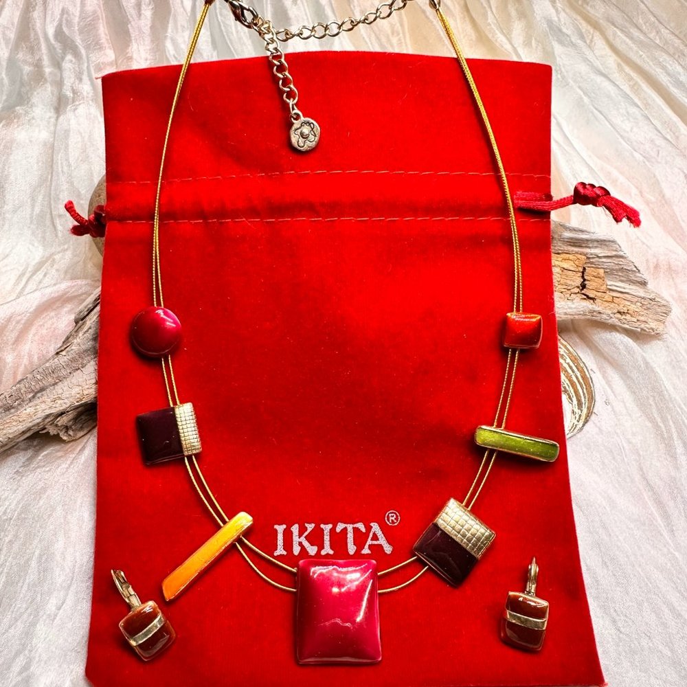 Vintage Ikita Geometrical Enamel Brass Necklace/Matching Earrings